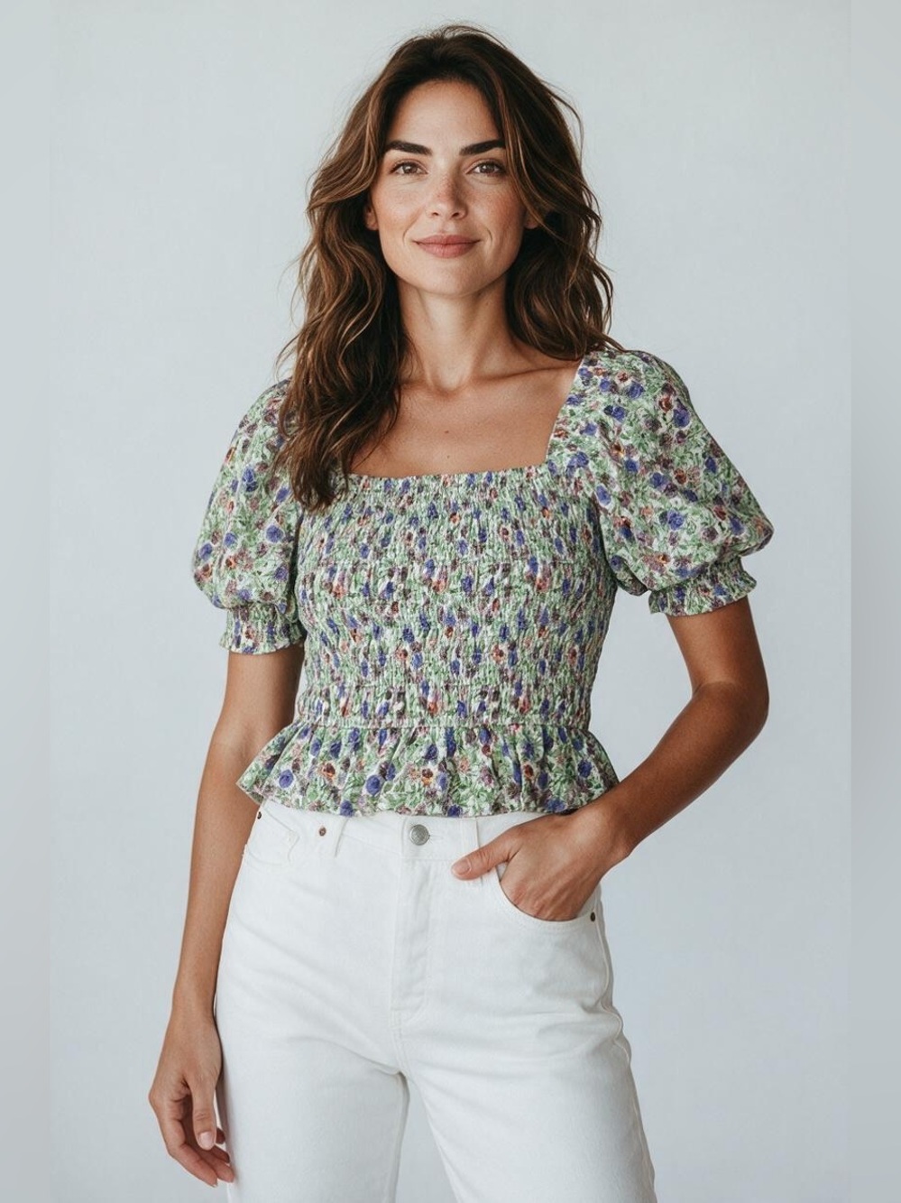 Endless Rose Green Floral Smocked Square-Neck Puff Sleeve Top